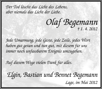 Anzeige  Olaf Begemann  Lippische Landes-Zeitung