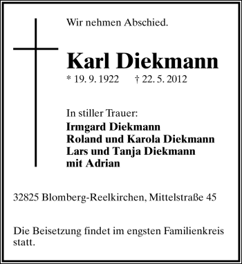 Anzeige  Karl Diekmann  Lippische Landes-Zeitung