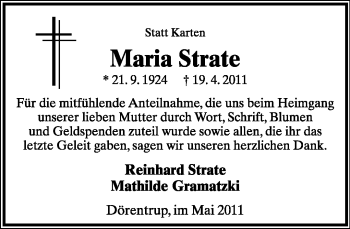 Anzeige  Maria Strate  Lippische Landes-Zeitung