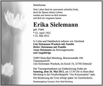 Anzeige  Erika Sielemann  Lippische Landes-Zeitung