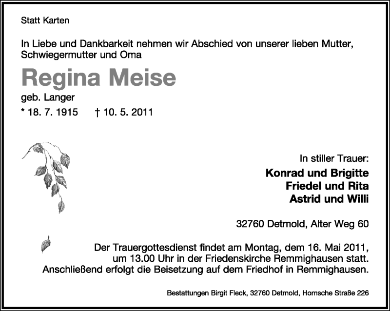  Traueranzeige für Regina Meise vom 13.05.2011 aus Lippische Landes-Zeitung