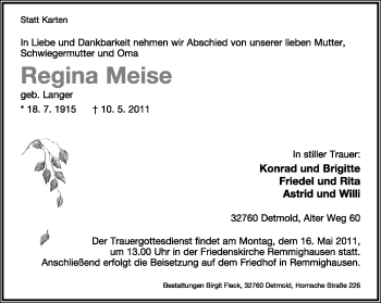 Anzeige  Regina Meise  Lippische Landes-Zeitung