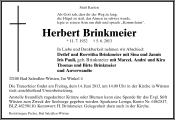 Anzeige  Herbert Brinkmeier  Lippische Landes-Zeitung