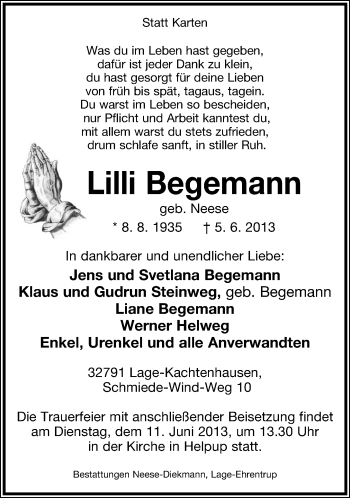 Anzeige  Lilli Begemann  Lippische Landes-Zeitung