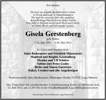 Anzeige  Gisela Gerstenberg  Lippische Landes-Zeitung