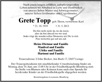 Anzeige  Grete Topp  Lippische Landes-Zeitung