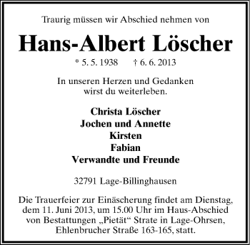 Anzeige  Hans-Albert Löscher  Lippische Landes-Zeitung
