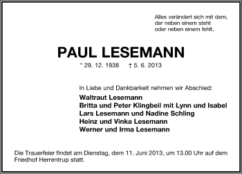 Anzeige  Paul Lesemann  Lippische Landes-Zeitung