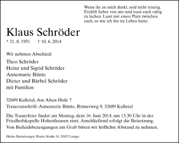 Anzeige  Klaus Schröder  Lippische Landes-Zeitung