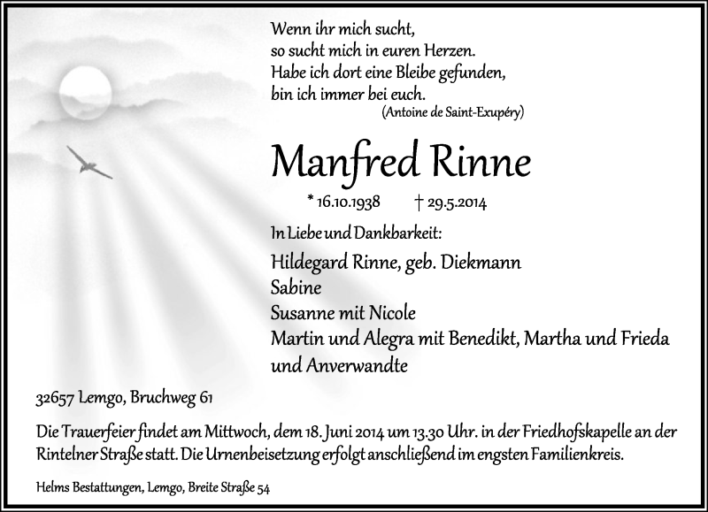  Traueranzeige für Manfred Rinne vom 14.06.2014 aus Lippische Landes-Zeitung