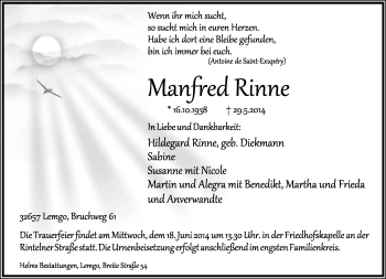 Anzeige  Manfred Rinne  Lippische Landes-Zeitung