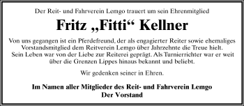 Anzeige  Fritz Kellner  Lippische Landes-Zeitung