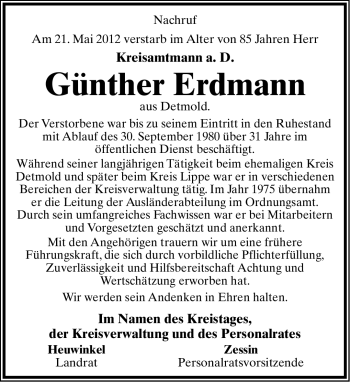 Anzeige  Günter Erdmann  Lippische Landes-Zeitung