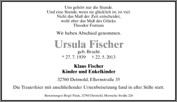 Anzeige  Ursula Fischer  Lippische Landes-Zeitung
