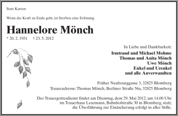 Anzeige  Hannelore Mönch  Lippische Landes-Zeitung