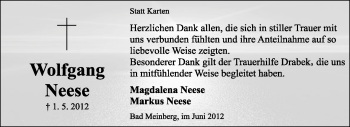 Anzeige  Wolfgang Neese  Lippische Landes-Zeitung