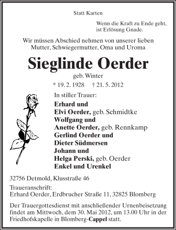 Anzeige  Sieglinde Oerder  Lippische Landes-Zeitung