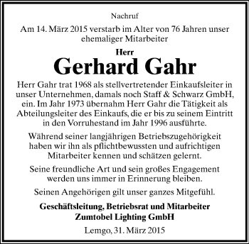 Anzeige  Gerhard Gahr  Lippische Landes-Zeitung