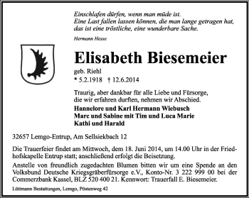 Anzeige  Elisabeth Biesemeier  Lippische Landes-Zeitung