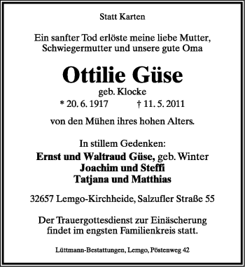Anzeige  Ottilie Güse  Lippische Landes-Zeitung