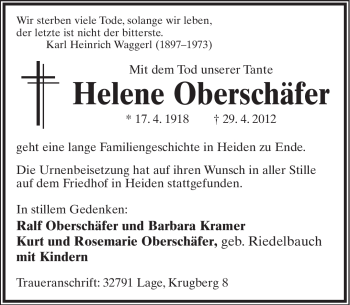 Anzeige  Helene Oberschäfer  Lippische Landes-Zeitung