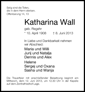 Anzeige  Katharina Wall  Lippische Landes-Zeitung