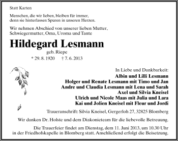 Anzeige  Hildegard Lesmann  Lippische Landes-Zeitung