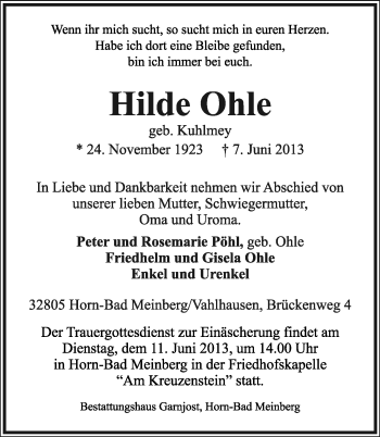 Anzeige  Hilde Ohle  Lippische Landes-Zeitung