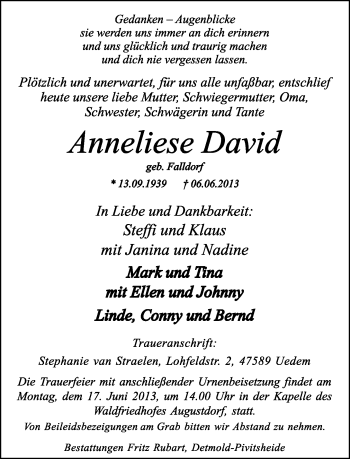 Anzeige  Anneliese David  Lippische Landes-Zeitung