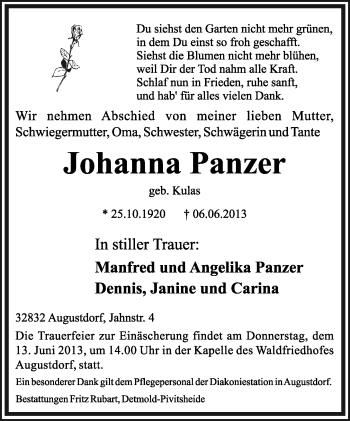 Anzeige  Johanna Panzer  Lippische Landes-Zeitung