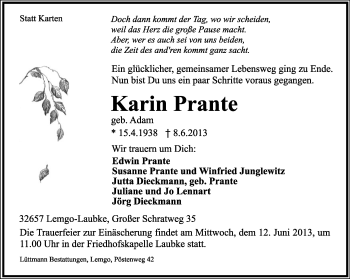 Anzeige  Karin Prante  Lippische Landes-Zeitung