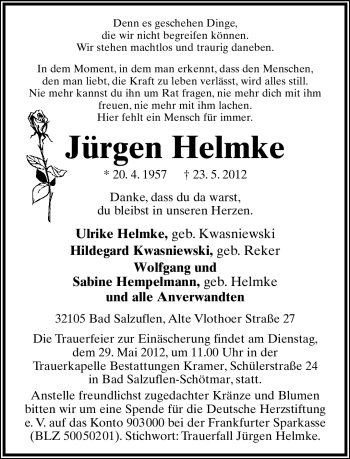 Anzeige  Jürgen Helmke  Lippische Landes-Zeitung
