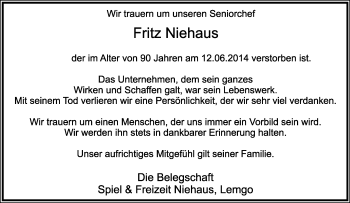 Anzeige  Fritz Niehaus  Lippische Landes-Zeitung