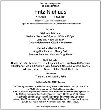 Anzeige  Fritz Niehaus  Lippische Landes-Zeitung