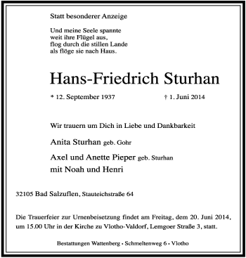 Anzeige  Hans-Friedrich Sturhan  Lippische Landes-Zeitung