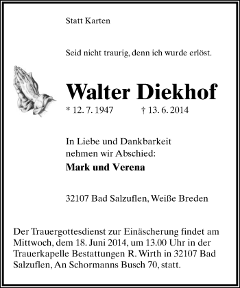Anzeige  Walter Diekhof  Lippische Landes-Zeitung