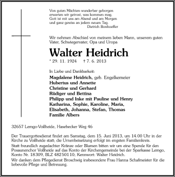 Anzeige  Walter Heidrich  Lippische Landes-Zeitung
