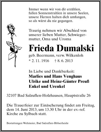 Anzeige  Frieda Dumalski  Lippische Landes-Zeitung
