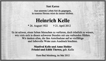 Anzeige  Heinrich Kelle  Lippische Landes-Zeitung