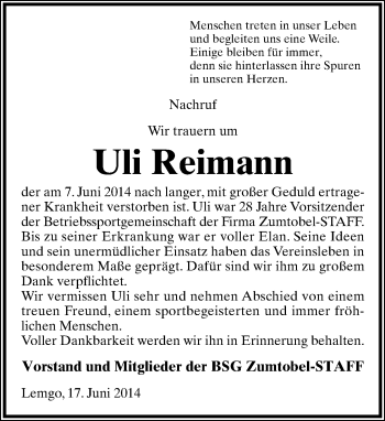 Anzeige  Uli Reimann  Lippische Landes-Zeitung