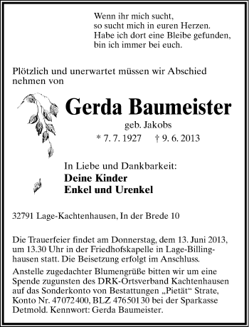 Anzeige  Gerda Baumeister  Lippische Landes-Zeitung