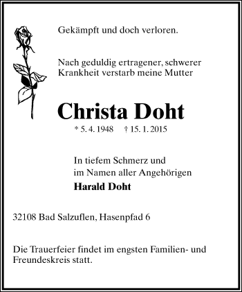 Anzeige  Christa Doht  Lippische Landes-Zeitung