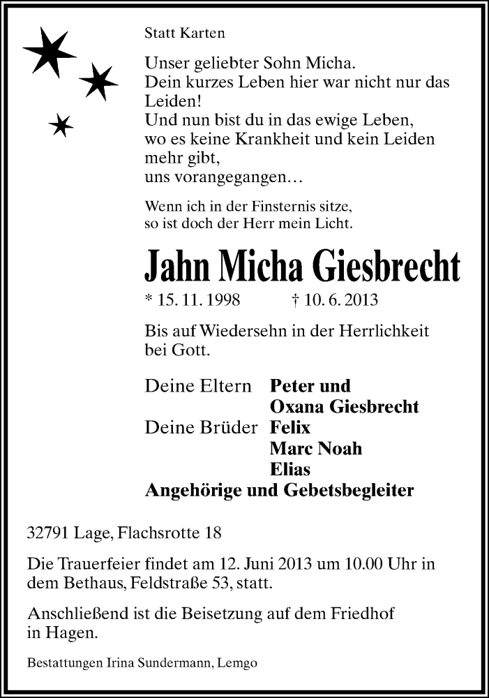  Traueranzeige für Jahn Micha Giesbrecht vom 11.06.2013 aus Lippische Landes-Zeitung