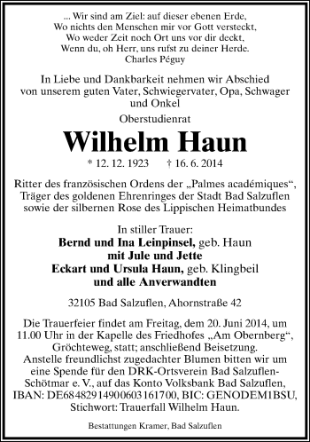 Anzeige  Wilhelm Haun  Lippische Landes-Zeitung
