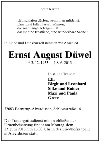 Anzeige  Ernst August Düwel  Lippische Landes-Zeitung
