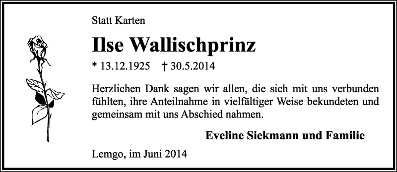  Traueranzeige für Ilse Wallischprinz vom 21.06.2014 aus Lippische Landes-Zeitung