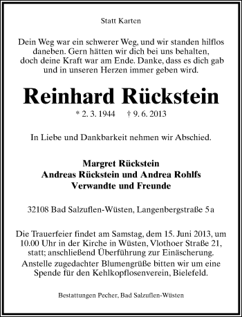 Anzeige  Reinhard Rückstein  Lippische Landes-Zeitung