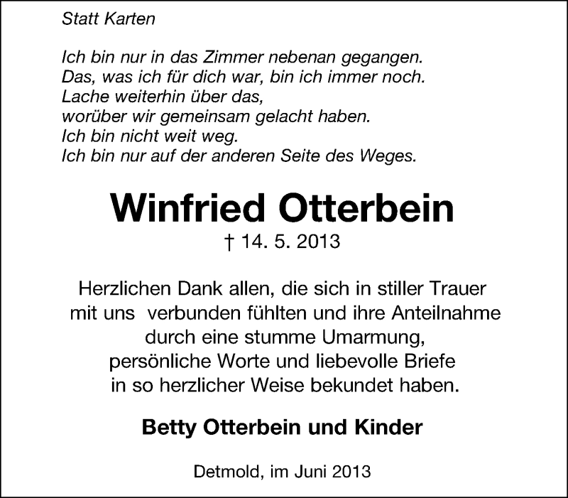  Traueranzeige für Winfried Otterbein vom 15.06.2013 aus Lippische Landes-Zeitung