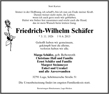 Anzeige  Friedrich-Wilhelm Schäfer  Lippische Landes-Zeitung