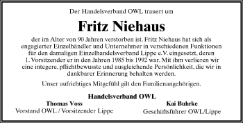 Anzeige  Fritz Niehaus  Lippische Landes-Zeitung